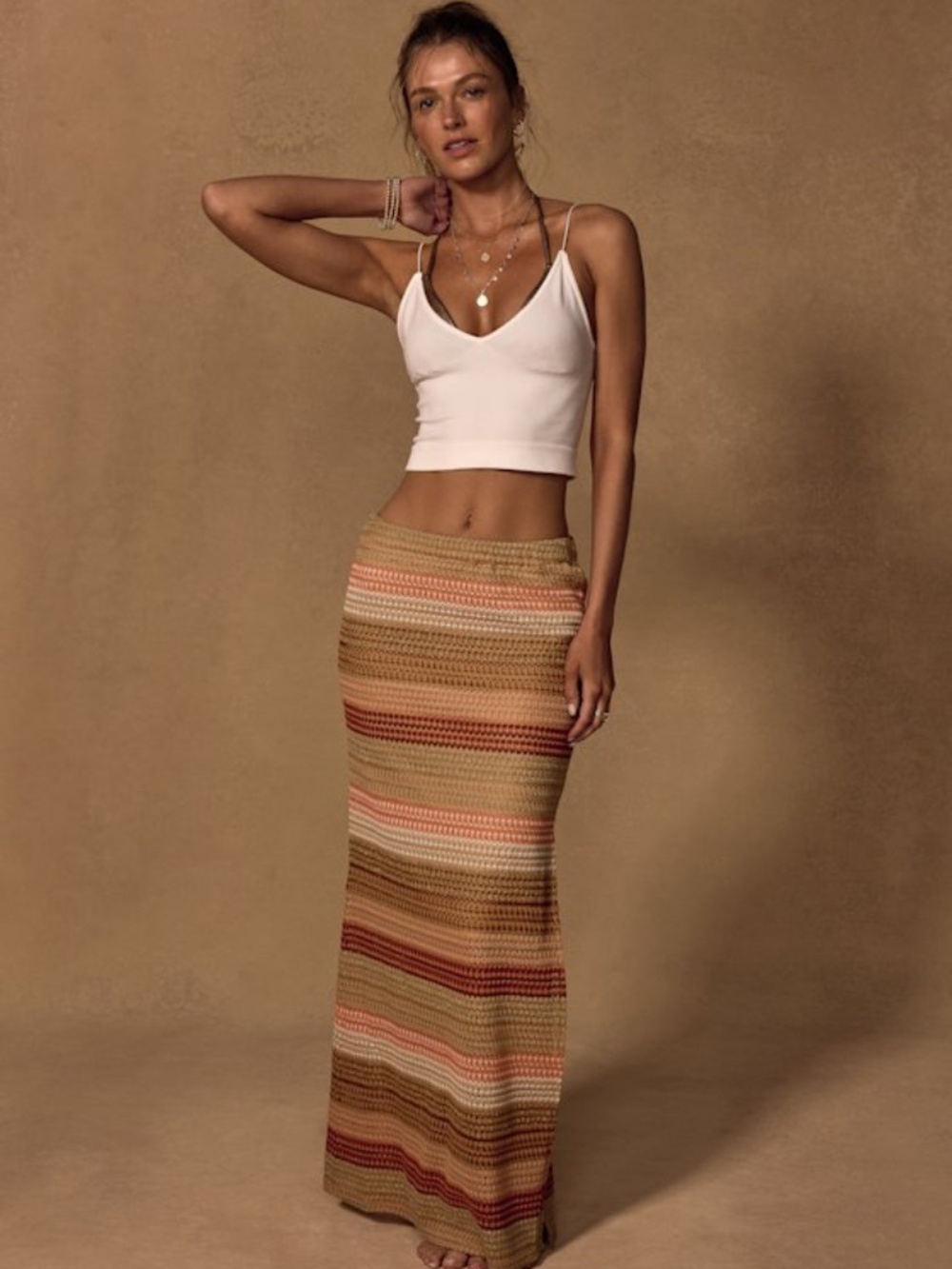 Lulus Lailey Tan Multi Striped Crochet Maxi Skirt Brown - Size M